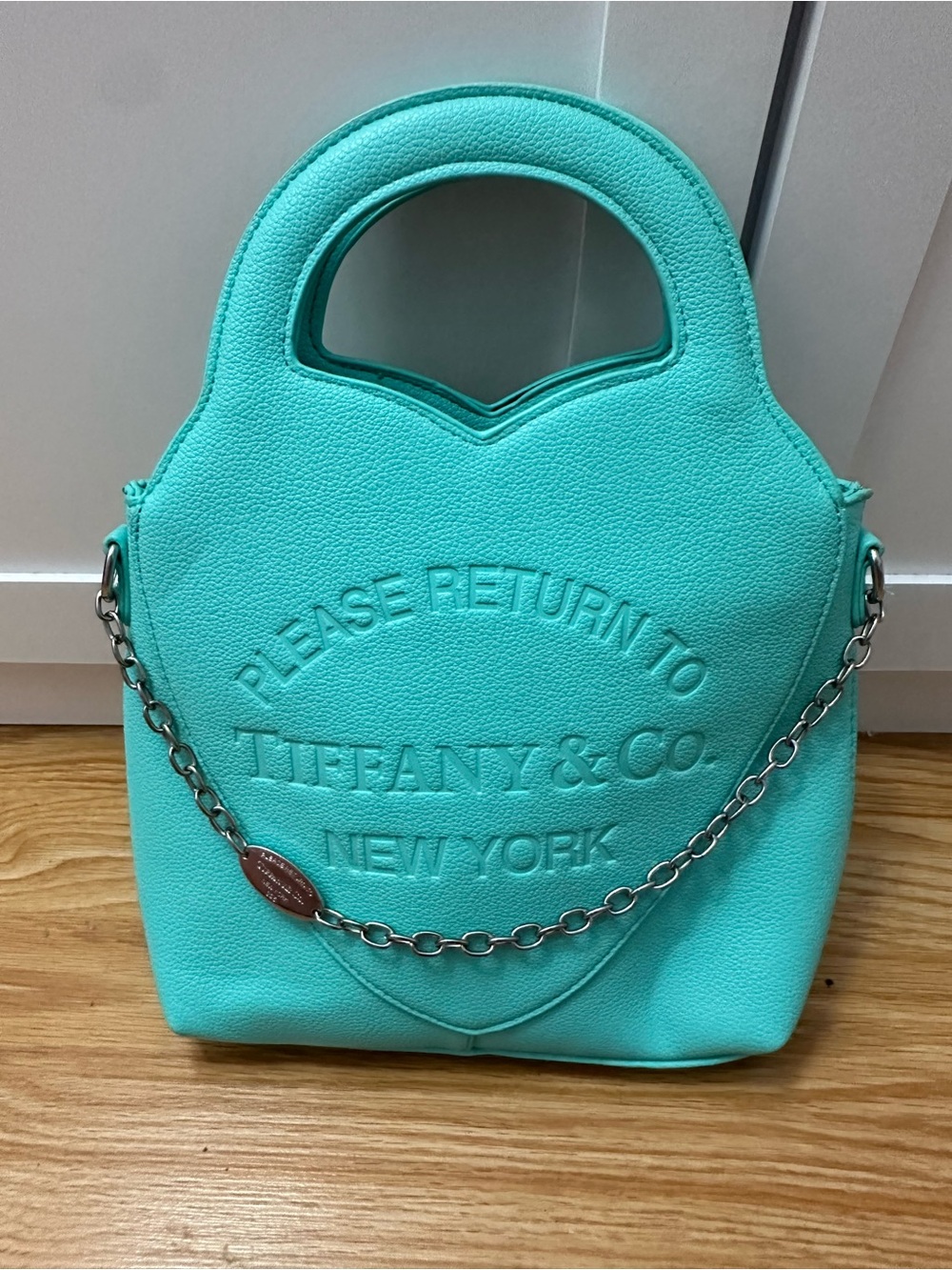 Tiffany & Co. turquoise pebble leather mini tote with chain